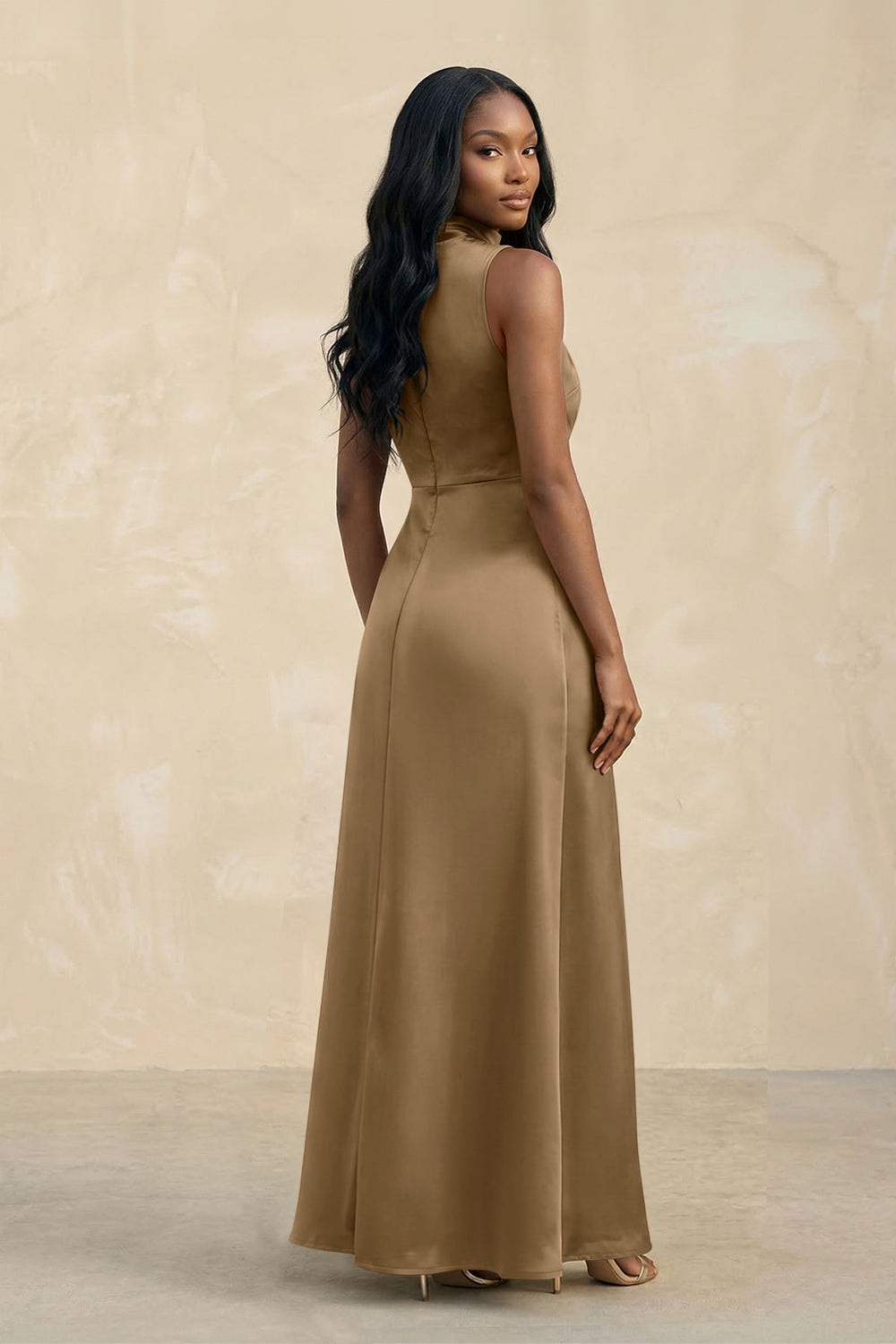 High Neck A - Line Bridesmaid Dress Wiht Slit in Apple Cinnamon - KissProm Bridesmaid Dresses