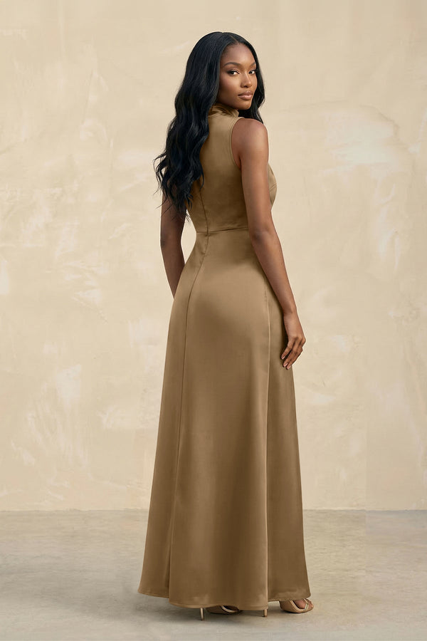 High Neck A - Line Bridesmaid Dress Wiht Slit in Apple Cinnamon - KissProm Bridesmaid Dresses