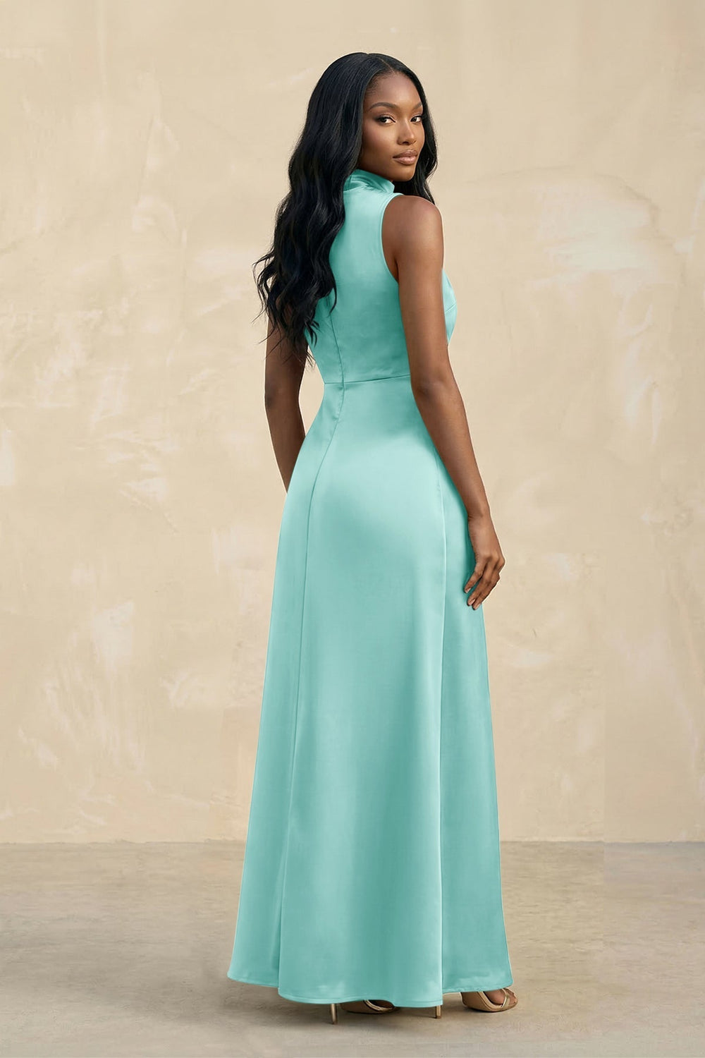 High Neck A - Line Bridesmaid Dress Wiht Slit in Aqua - KissProm Bridesmaid Dresses
