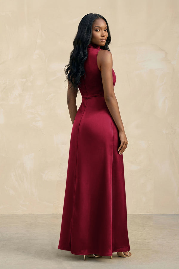 High Neck A - Line Bridesmaid Dress Wiht Slit in Berry - KissProm Bridesmaid Dresses