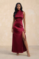 High Neck A - Line Bridesmaid Dress Wiht Slit in Berry - KissProm Bridesmaid Dresses