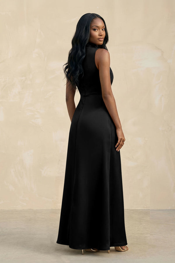 High Neck A - Line Bridesmaid Dress Wiht Slit in Black - KissProm Bridesmaid Dresses