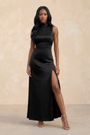 High Neck A - Line Bridesmaid Dress Wiht Slit in Black - KissProm Bridesmaid Dresses