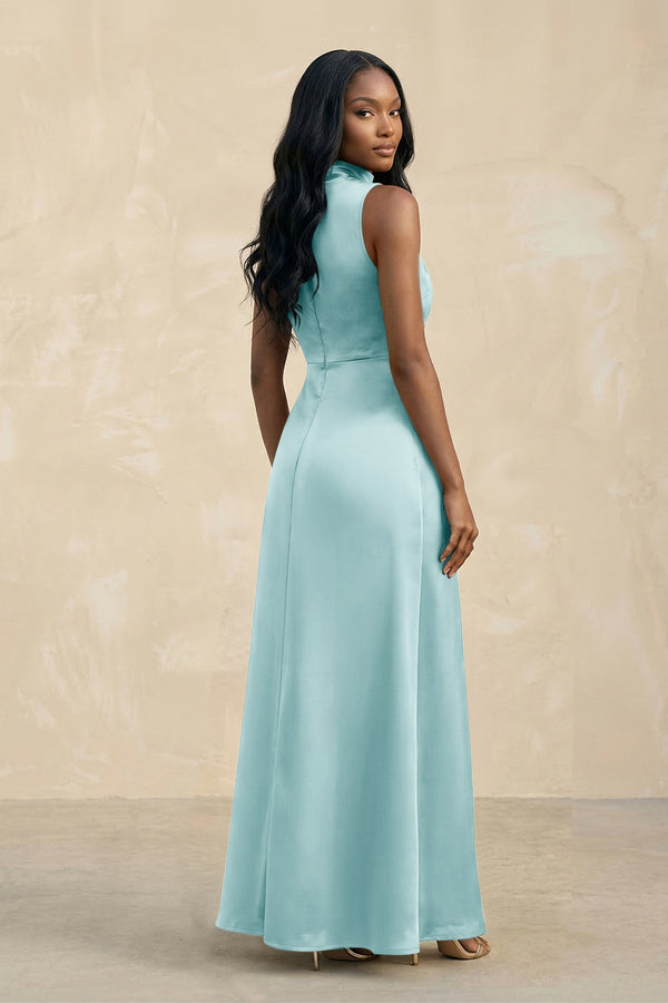 High Neck A - Line Bridesmaid Dress Wiht Slit in Bleached Aqua - KissProm Bridesmaid Dresses