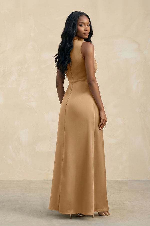 High Neck A - Line Bridesmaid Dress Wiht Slit in Bronzer - KissProm Bridesmaid Dresses