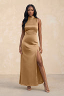 High Neck A - Line Bridesmaid Dress Wiht Slit in Bronzer - KissProm Bridesmaid Dresses