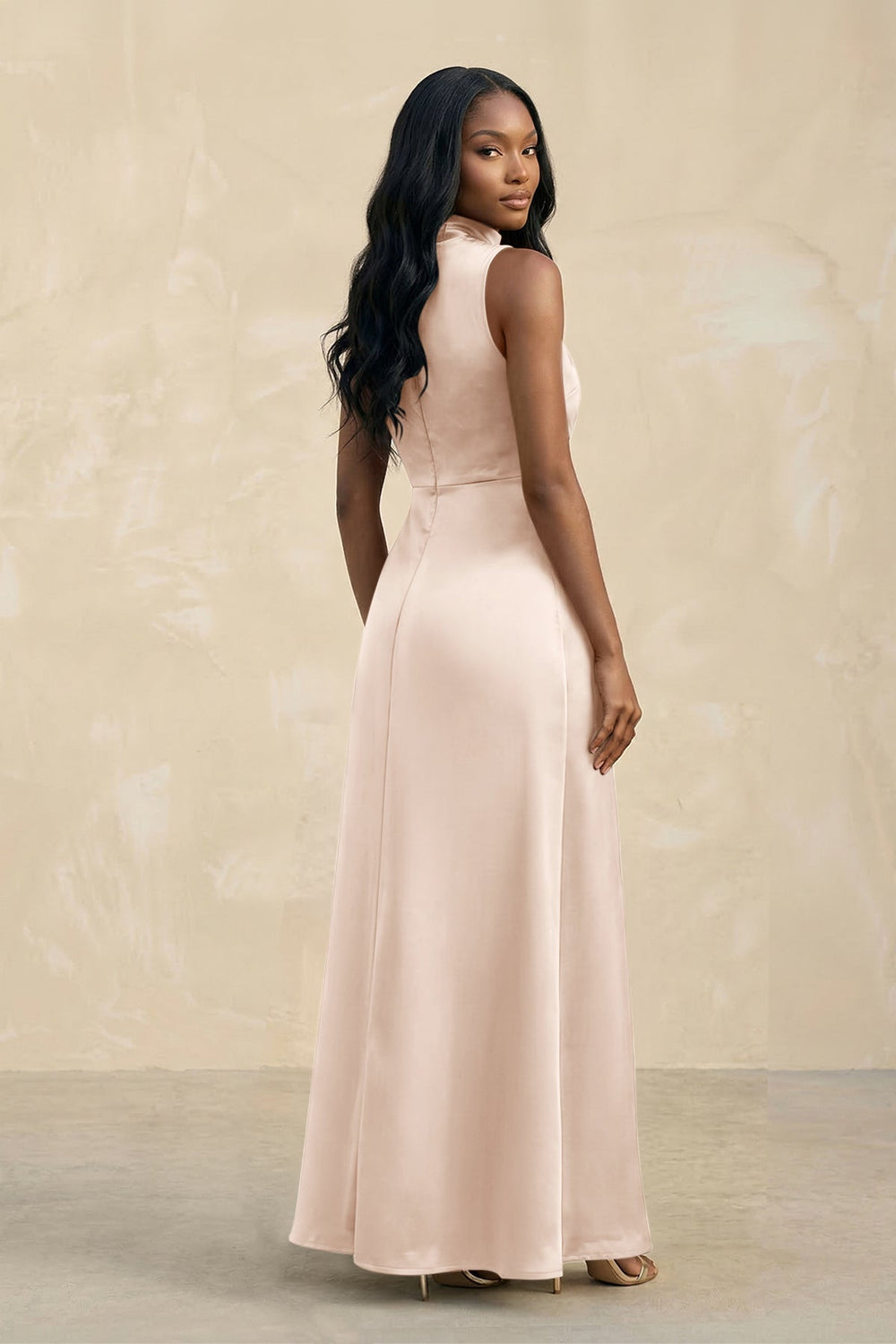 High Neck A - Line Bridesmaid Dress Wiht Slit in Buttercream - KissProm Bridesmaid Dresses