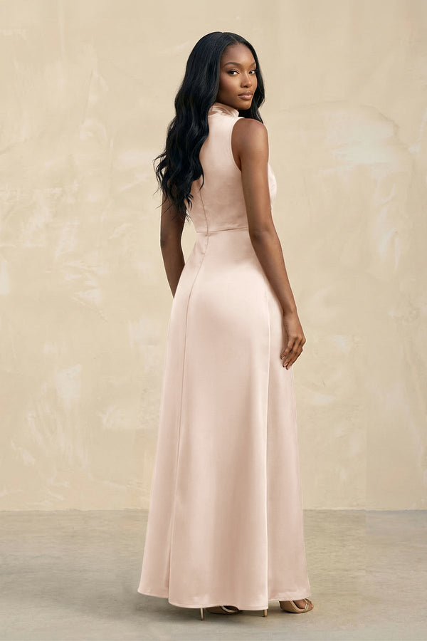 High Neck A - Line Bridesmaid Dress Wiht Slit in Buttercream - KissProm Bridesmaid Dresses