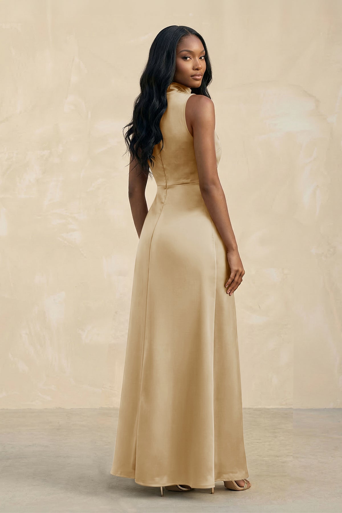 KissProm High Neck A-Line Bridesmaid Dress With Slit in Champagne, Champagne / 18