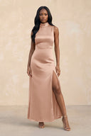 High Neck A - Line Bridesmaid Dress Wiht Slit in Champagne Rose - KissProm Bridesmaid Dresses