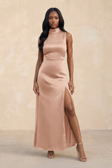 High Neck A - Line Bridesmaid Dress Wiht Slit in Champagne Rose - KissProm Bridesmaid Dresses