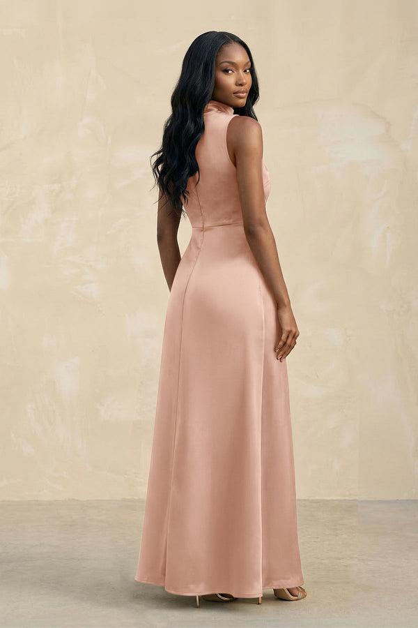 High Neck A - Line Bridesmaid Dress Wiht Slit in Champagne Rose - KissProm Bridesmaid Dresses