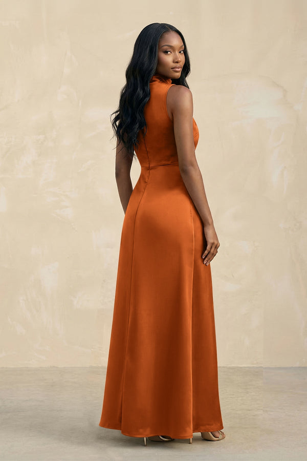 High Neck A - Line Bridesmaid Dress Wiht Slit in Cinnamon - KissProm Bridesmaid Dresses