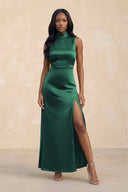 High Neck A - Line Bridesmaid Dress Wiht Slit in Dark Green - KissProm Bridesmaid Dresses
