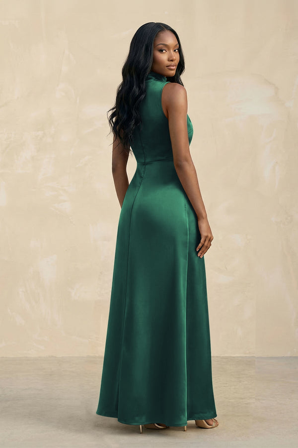 High Neck A - Line Bridesmaid Dress Wiht Slit in Dark Green - KissProm Bridesmaid Dresses