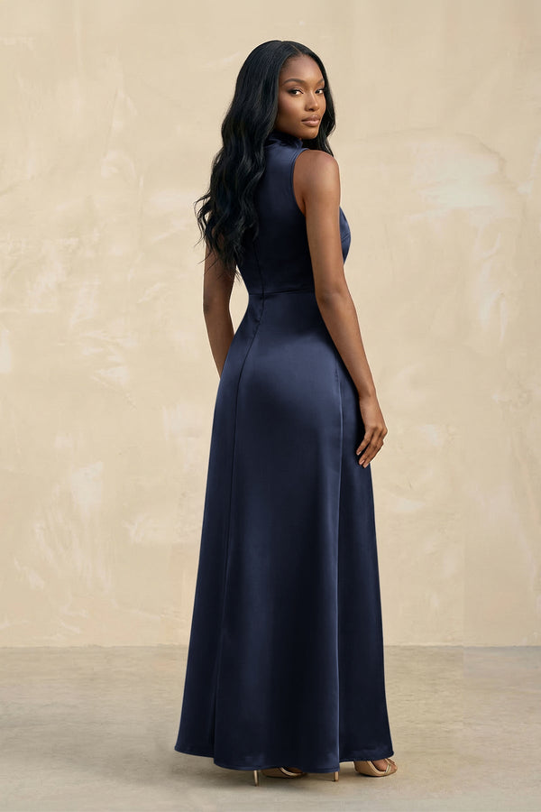 High Neck A - Line Bridesmaid Dress Wiht Slit in Dark Navy - KissProm Bridesmaid Dresses