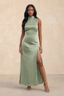 High Neck A - Line Bridesmaid Dress Wiht Slit in Dove Gray - KissProm Bridesmaid Dresses
