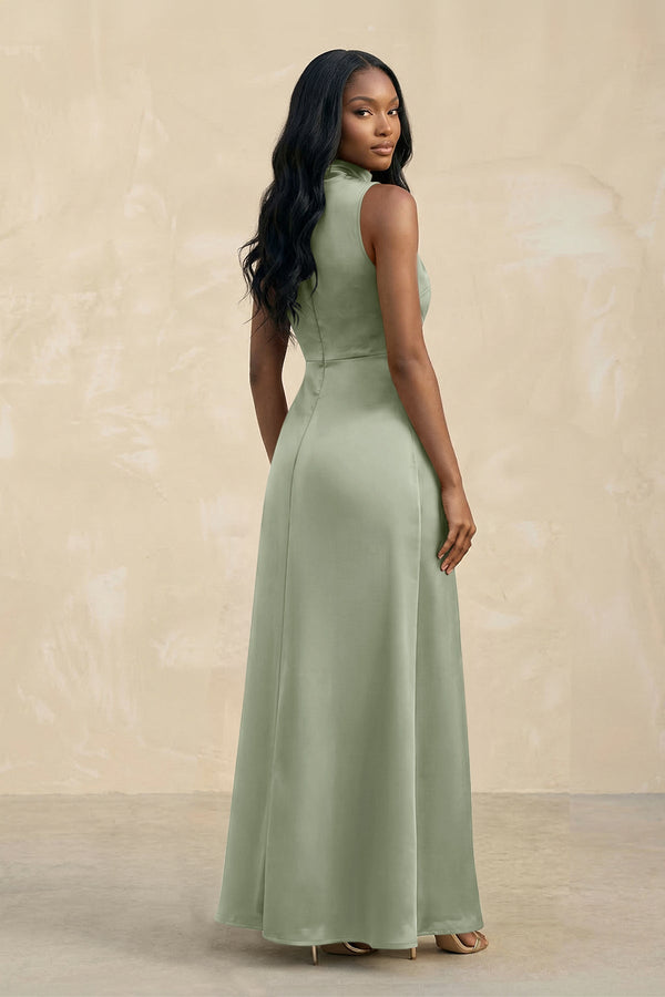 High Neck A - Line Bridesmaid Dress Wiht Slit in Dove Gray - KissProm Bridesmaid Dresses