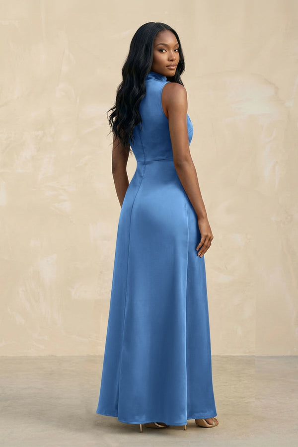 High Neck A - Line Bridesmaid Dress Wiht Slit in Dusty Blue - KissProm Bridesmaid Dresses