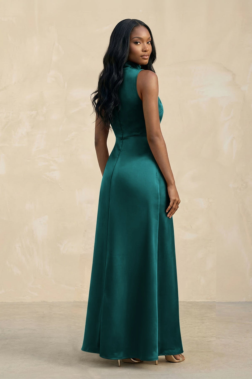 High Neck A - Line Bridesmaid Dress Wiht Slit in Emerald - KissProm Bridesmaid Dresses