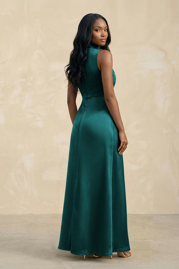High Neck A - Line Bridesmaid Dress Wiht Slit in Emerald - KissProm Bridesmaid Dresses