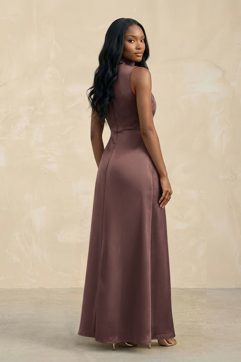 High Neck A - Line Bridesmaid Dress Wiht Slit in Espresso - KissProm Bridesmaid Dresses