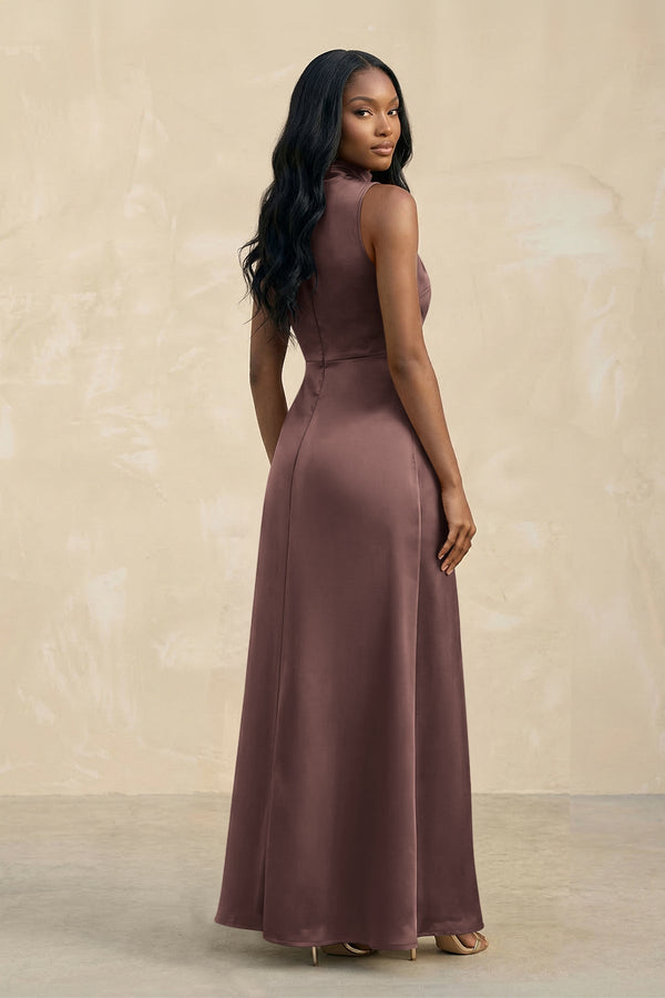 High Neck A - Line Bridesmaid Dress Wiht Slit in Espresso - KissProm Bridesmaid Dresses
