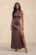 High Neck A - Line Bridesmaid Dress Wiht Slit in Espresso - KissProm Bridesmaid Dresses