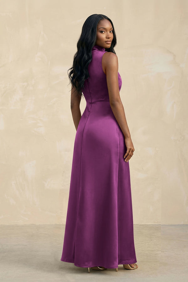 High Neck A - Line Bridesmaid Dress Wiht Slit in Fig - KissProm Bridesmaid Dresses