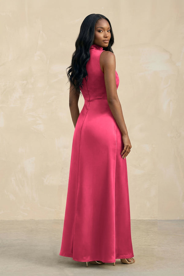 High Neck A - Line Bridesmaid Dress Wiht Slit in Fuchsia - KissProm Bridesmaid Dresses