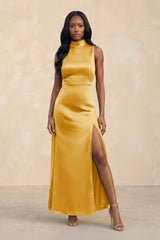 High Neck A - Line Bridesmaid Dress Wiht Slit in Gold - KissProm Bridesmaid Dresses