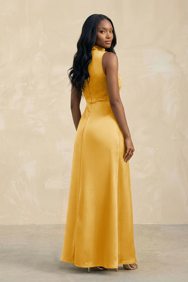High Neck A - Line Bridesmaid Dress Wiht Slit in Gold - KissProm Bridesmaid Dresses