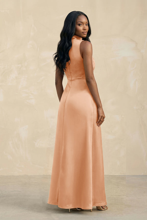 High Neck A - Line Bridesmaid Dress Wiht Slit in Golden Champagne - KissProm Bridesmaid Dresses