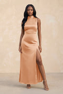 High Neck A - Line Bridesmaid Dress Wiht Slit in Golden Champagne - KissProm Bridesmaid Dresses
