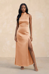 High Neck A - Line Bridesmaid Dress Wiht Slit in Golden Champagne - KissProm Bridesmaid Dresses
