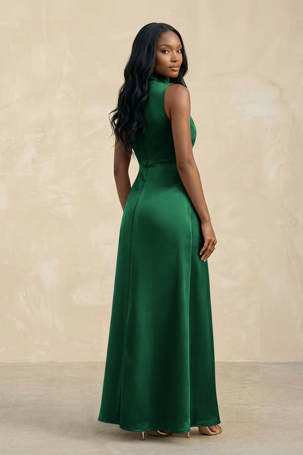 High Neck A - Line Bridesmaid Dress Wiht Slit in Green - KissProm Bridesmaid Dresses