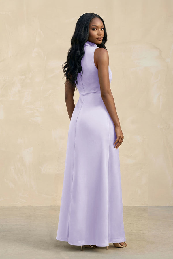 High Neck A - Line Bridesmaid Dress Wiht Slit in Lavender - KissProm Bridesmaid Dresses
