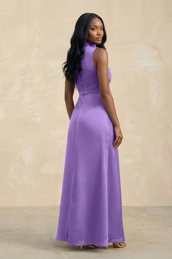 High Neck A - Line Bridesmaid Dress Wiht Slit in Lilac - KissProm Bridesmaid Dresses