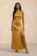 High Neck A - Line Bridesmaid Dress Wiht Slit in Marigold - KissProm Bridesmaid Dresses
