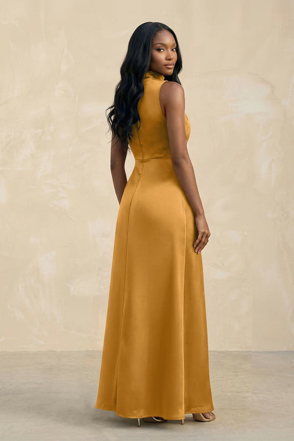 High Neck A - Line Bridesmaid Dress Wiht Slit in Marigold - KissProm Bridesmaid Dresses