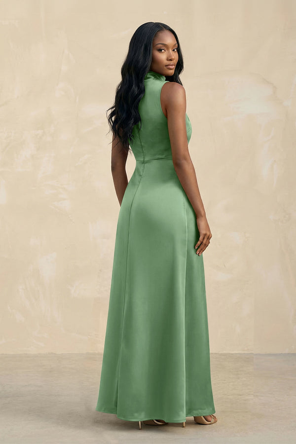 High Neck A - Line Bridesmaid Dress Wiht Slit in Matcha - KissProm Bridesmaid Dresses