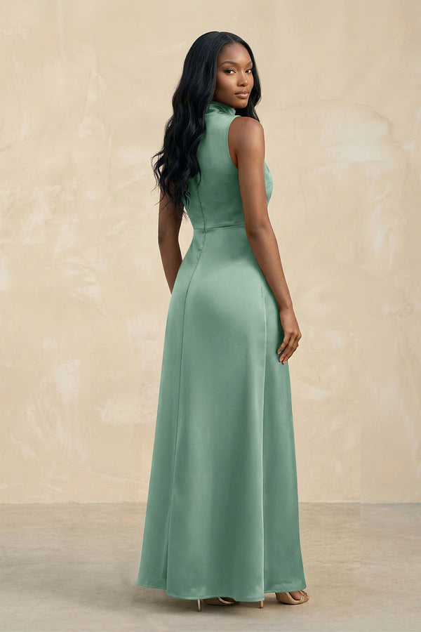 High Neck A - Line Bridesmaid Dress Wiht Slit in Mint Green - KissProm Bridesmaid Dresses