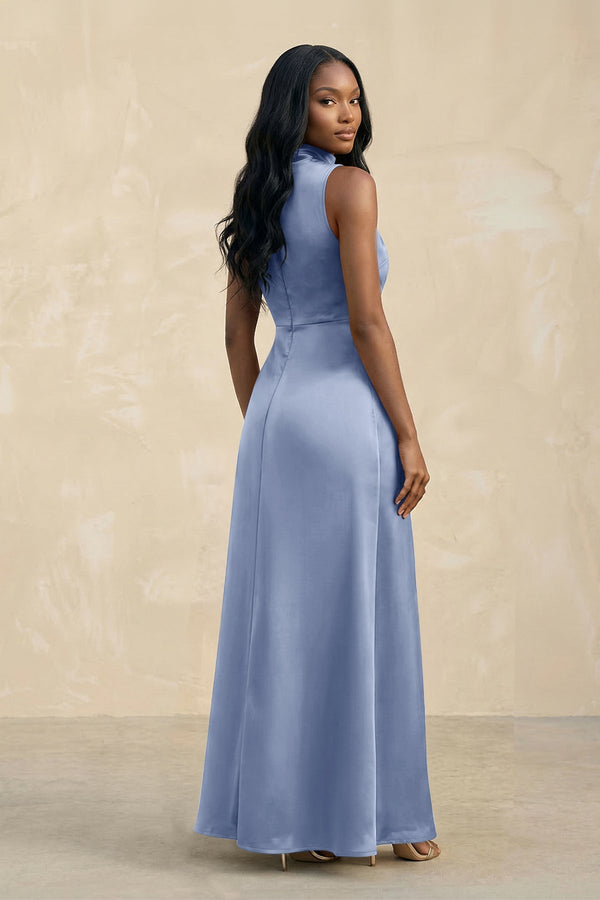 High Neck A - Line Bridesmaid Dress Wiht Slit in Mist - KissProm Bridesmaid Dresses