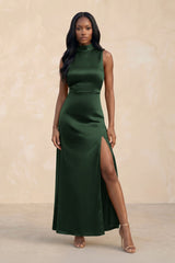 High Neck A - Line Bridesmaid Dress Wiht Slit in Moss - KissProm Bridesmaid Dresses