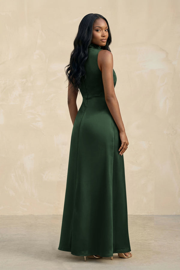 High Neck A - Line Bridesmaid Dress Wiht Slit in Moss - KissProm Bridesmaid Dresses