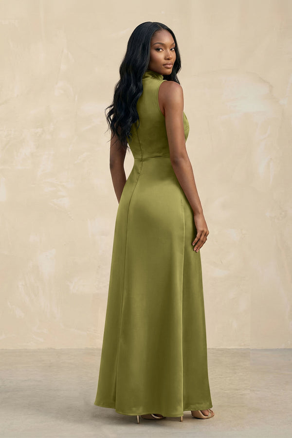 High Neck A - Line Bridesmaid Dress Wiht Slit in Moss Green - KissProm Bridesmaid Dresses