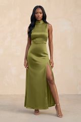 High Neck A - Line Bridesmaid Dress Wiht Slit in Moss Green - KissProm Bridesmaid Dresses