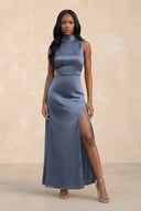 High Neck A - Line Bridesmaid Dress Wiht Slit in Neptune - KissProm Bridesmaid Dresses