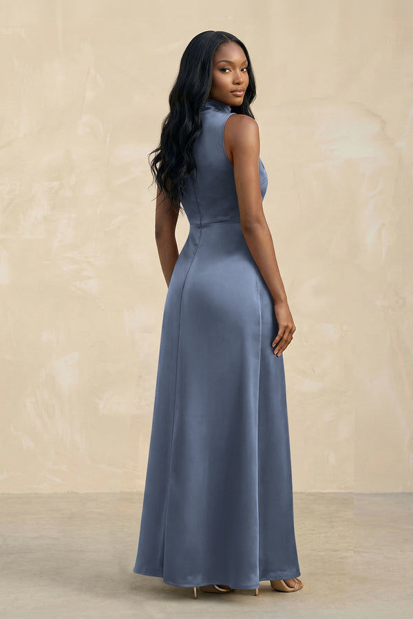 High Neck A - Line Bridesmaid Dress Wiht Slit in Neptune - KissProm Bridesmaid Dresses