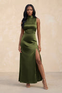 High Neck A - Line Bridesmaid Dress Wiht Slit in Olive - KissProm Bridesmaid Dresses